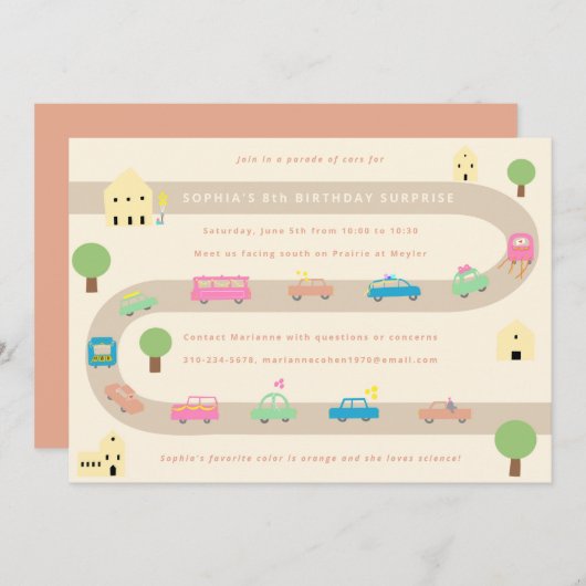 スイートカー図解入りの、写真付きの誕生日パレード 招待状 (正面/裏面)