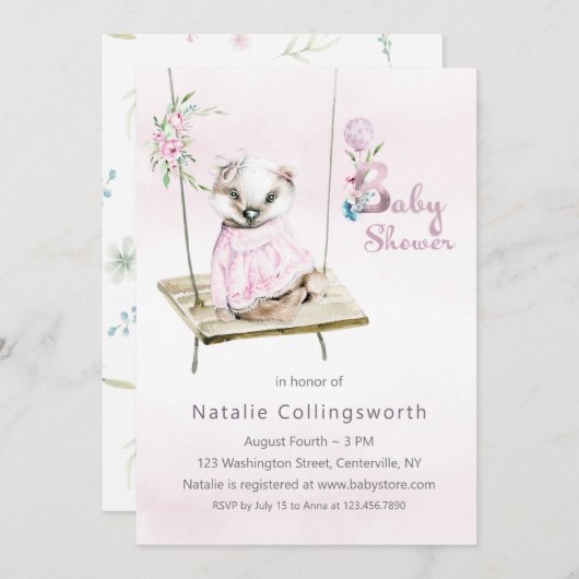 スイートガールアナグマオンスイングベビーシャワー招待状 招待状 (正面/裏面)