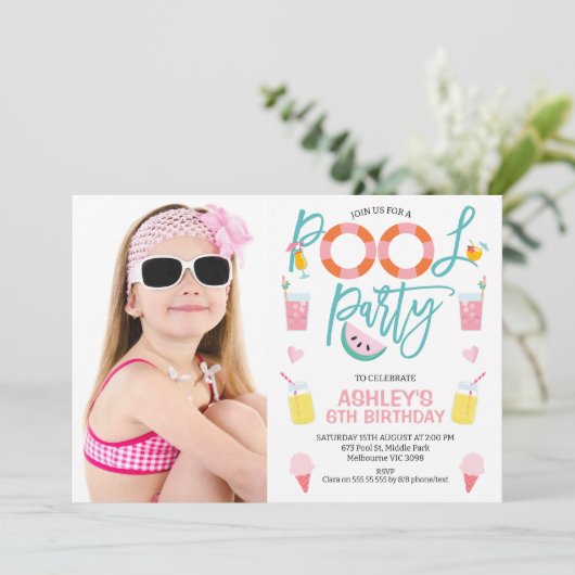 スイートガールズフォトサマープールパーティー誕生日 招待状 (スタンド正面)