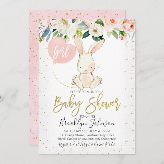 スイートガールズフローラバニーベビーシャワーの招待 招待状 (正面/裏面)
