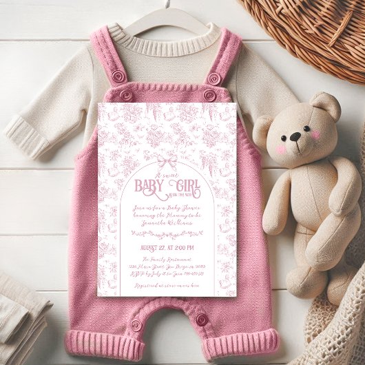 スイートガールピンクボウお洒落フローラベビーシャワー 招待状