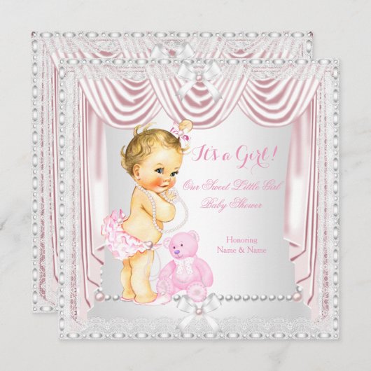 スイートガールベビーシャワーピンクサテンブロンドベビー 招待状 (正面/裏面)