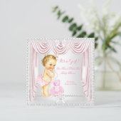 スイートガールベビーシャワーピンクサテンブロンドベビー 招待状 (スタンド正面)