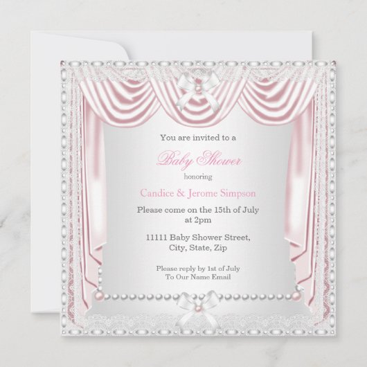 スイートガールベビーシャワーピンクサテンブロンドベビー 招待状 (裏面)