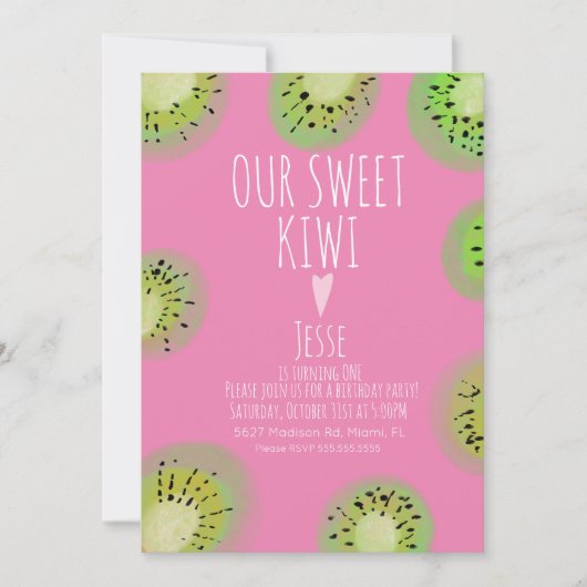 スイートキウイフルーツ誕生日水彩ピンク任意の年齢 招待状 (正面)