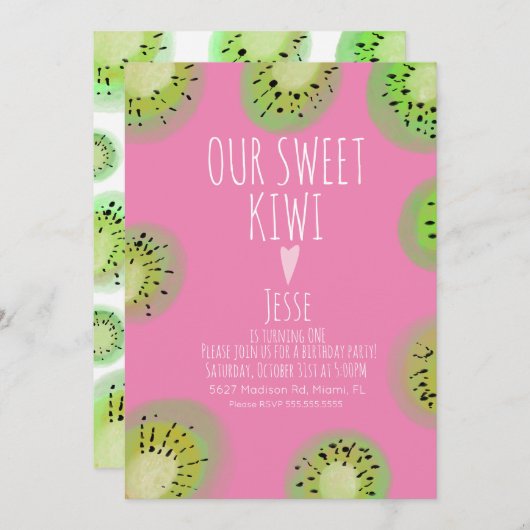 スイートキウイフルーツ誕生日水彩ピンク任意の年齢 招待状 (正面/裏面)