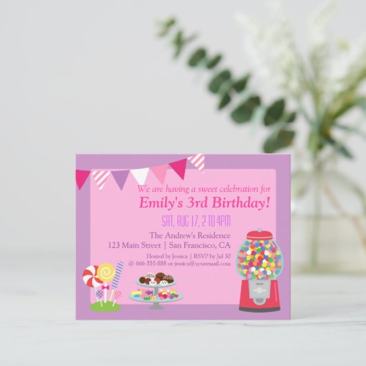 スイートキャンディテーマ誕生日ガールパーティの招待状 招待状 (スタンド正面)
