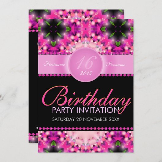 スイートキャンディピンクガーリー16誕生日招待状 招待状 (正面/裏面)