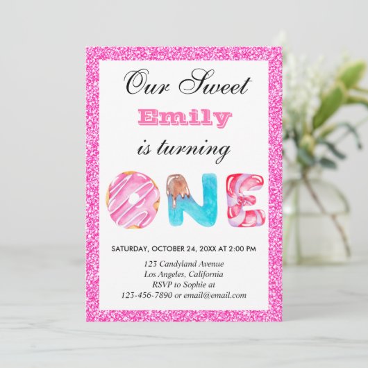 スイートキャンディホットピンクグリッターファースト誕生日ワン 招待状 (スタンド正面)