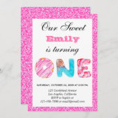 スイートキャンディホットピンクグリッターファースト誕生日ワン 招待状 (正面/裏面)