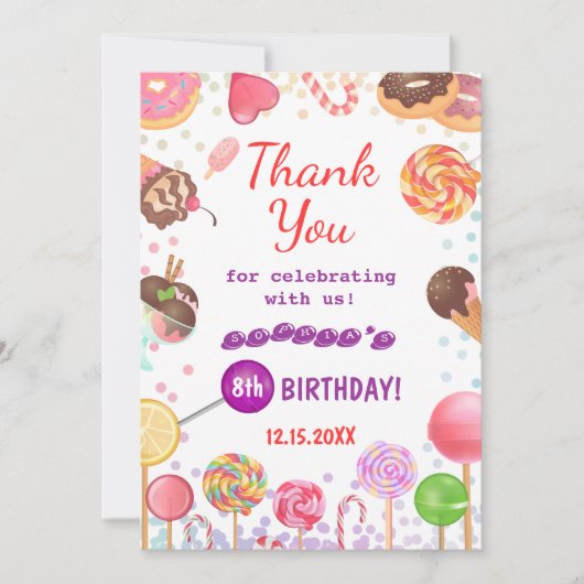 スイートキャンディランド誕生日アイスクリームドーナツパーティー サンキューカード (正面)