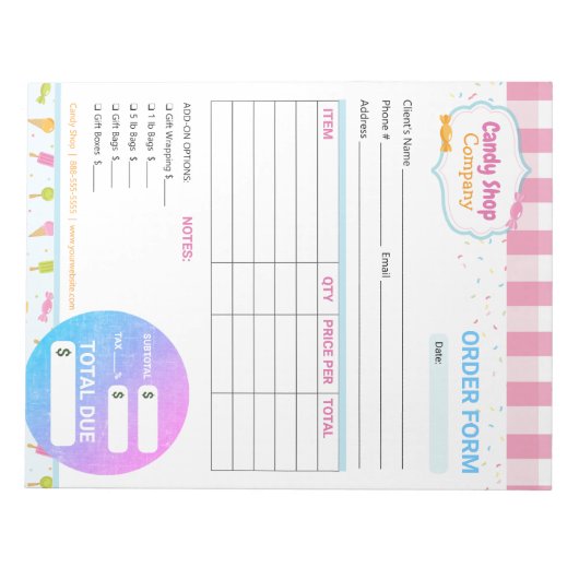 スイートキャンディーショップとアイスクリーム注文インボイス型枠 ノートパッド (正面)