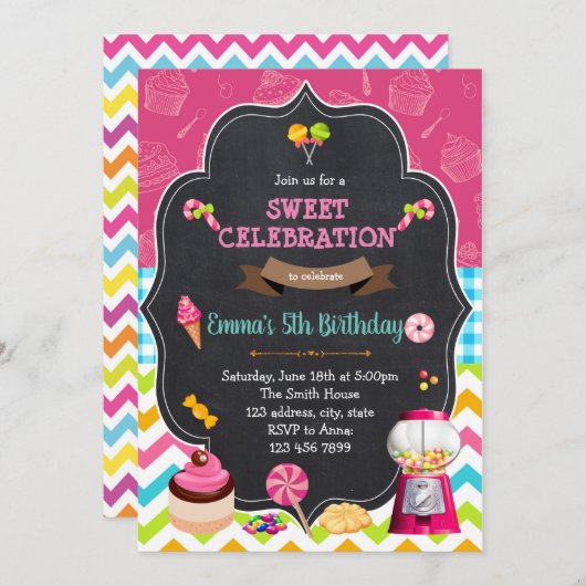 スイートキャンディーランド誕生日の招待状 招待状 (正面/裏面)