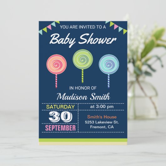 スイートキャンディ棒つきキャンデーベビーシャワー招待状 招待状 (スタンド正面)