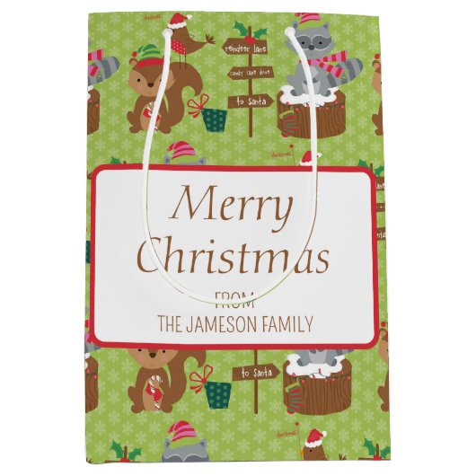 スイートクリスマスラクーンとリス&スノーフレーク ミディアムペーパーバッグ (正面)
