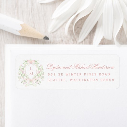 スイートクレストとピンクの弓結婚の差出人住所 ラベル (インサイチュ)