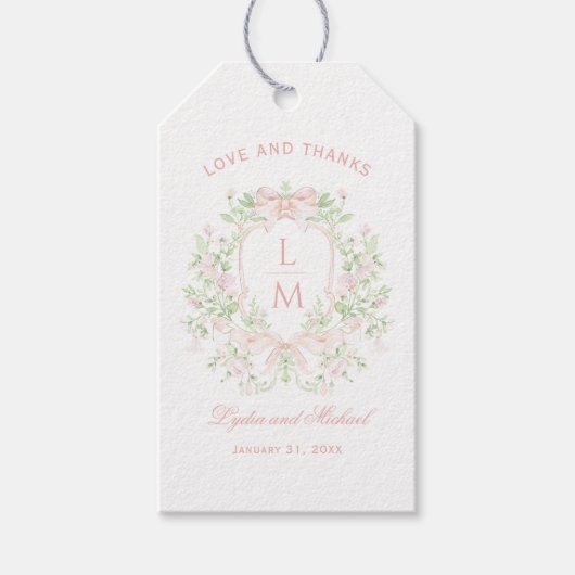 スイートクレスト付き/赤面ピンク弓 | モノグラム結婚ス ギフトタグ (正面)