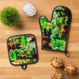 スイートグリーンの抽象ポットホルダーとオーブンミット,Eco 鍋つかみ&鍋敷きセット