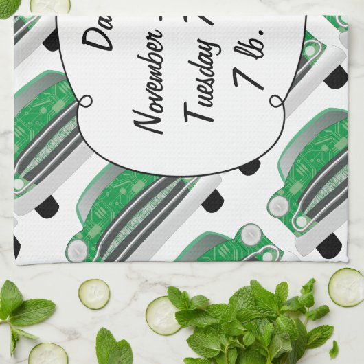 スイートグリーンレトロ車ベビーシャワーギフト キッチンタオル (折り畳み)