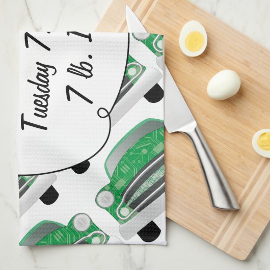 スイートグリーンレトロ車ベビーシャワーギフト キッチンタオル (四つ折り)