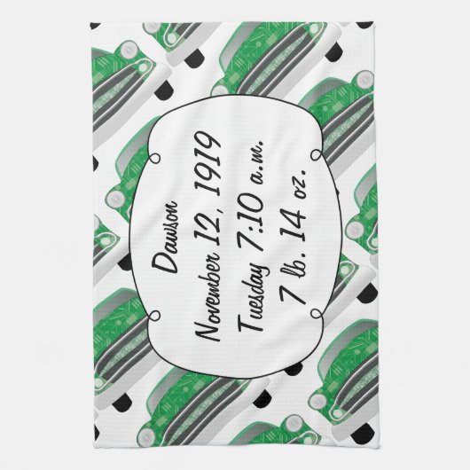 スイートグリーンレトロ車ベビーシャワーギフト キッチンタオル (縦)