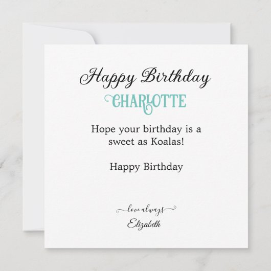 スイートコアラをテーマにした子供の誕生日ケーキ カード (裏面)