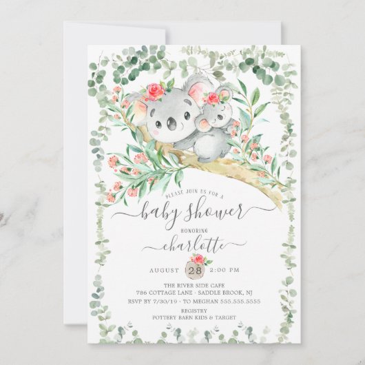 スイートコアラベアーガールズベビーシャワー招待状 招待状 (正面)