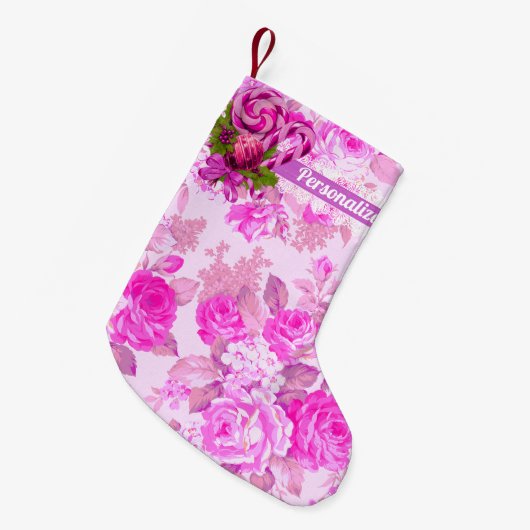 スイートコージーコテージピンクとパープルクリスマス スモールクリスマスストッキング (正面 (吊り時))