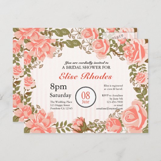 スイートコーラルバラガーデンブライダルシャワー インビテーションポストカード (正面/裏面)