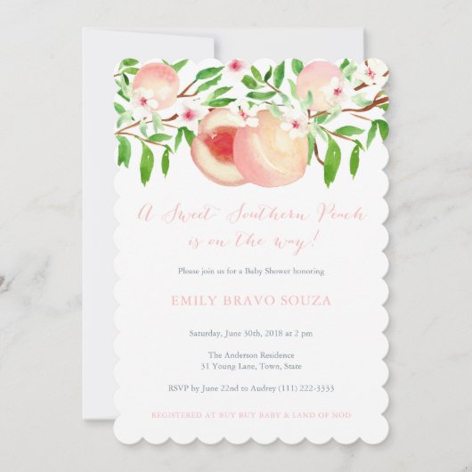 スイートサザンピーチ小さな女の子ベビーシャワー 招待状 (正面)