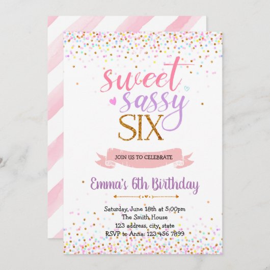スイートサッシー6歳の誕生日パーティーのテーマ招待 招待状 (正面/裏面)