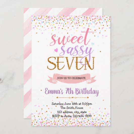 スイートサッシー7誕生日パーティーテーマ 招待状 (正面/裏面)