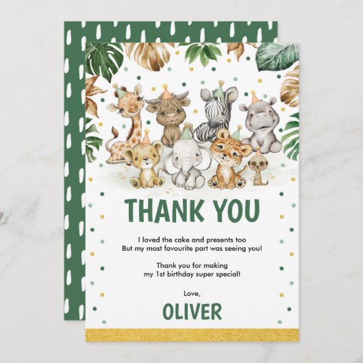 スイートサファリアニマルズジャングル緑の誕生日ボーイ サンキューカード (正面/裏面)