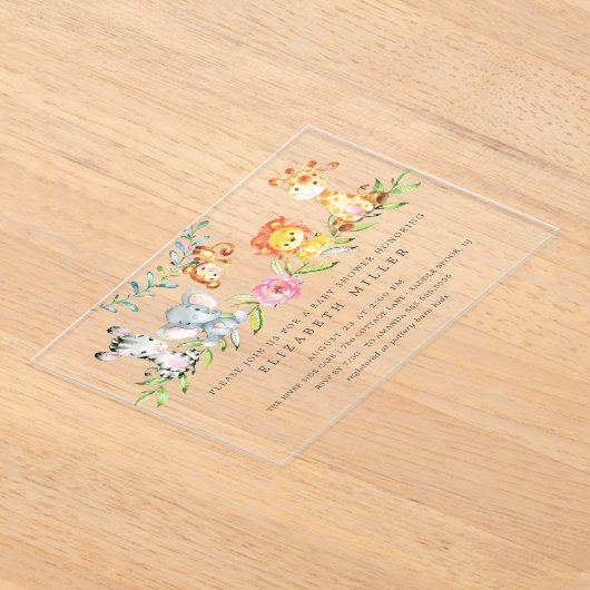 スイートサファリアニマルズベビーシャワー招待状 アクリル招待状 (レイダウン)