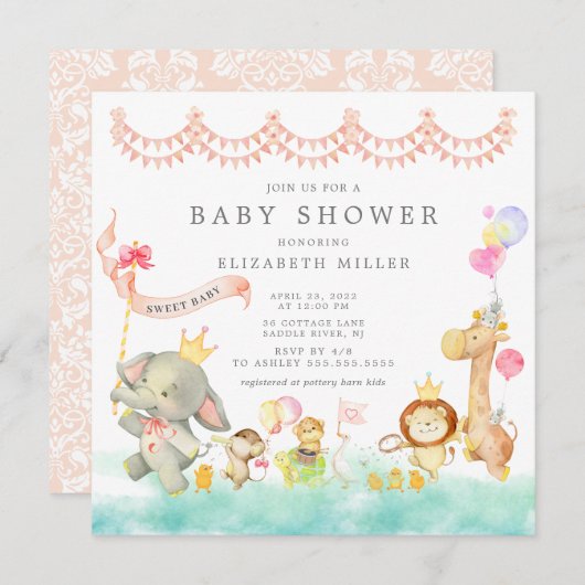 スイートサファリアニマルパレードベビーシャワー招待状 招待状 (正面/裏面)