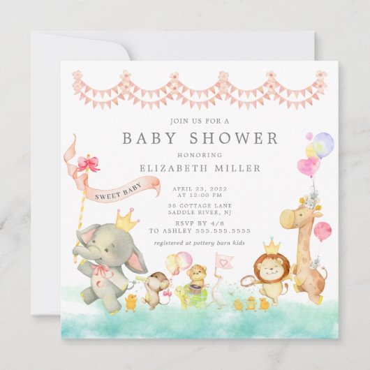 スイートサファリアニマルパレードベビーシャワー招待状 招待状 (正面)
