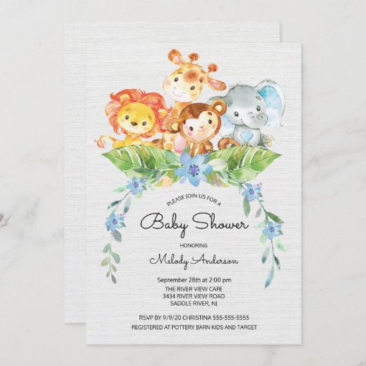 スイートサファリジャングルボーイズベビーシャワー招待状 招待状 (正面/裏面)