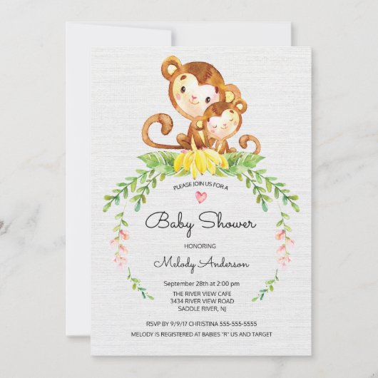 スイートサファリジャングルモンキーベビーシャワー招待状 招待状 (正面)