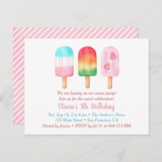 スイートサマーガールズ誕生日アイスクリームパーティー 招待状 (正面/裏面)