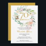 スイートサマーバラズガーランドモノグラム70th誕生日 招待状<br><div class="desc">繊細な水彩のフローラの花壇があり、70歳の誕生日のお招きには特別な日の情報パーソナライズされたを添えることができます。この逆の特徴は、モノグラムイニシャルを金色の背景の金ゴールド文字に組み込む、一致するフローラグエレガントランドを持つ点です。設計者： Thisisnotme©</div>