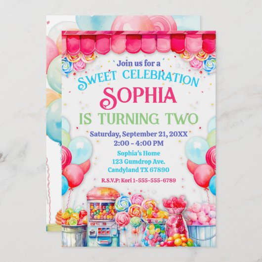 スイートショップバースデーパーティーの招待 招待状 (正面/裏面)