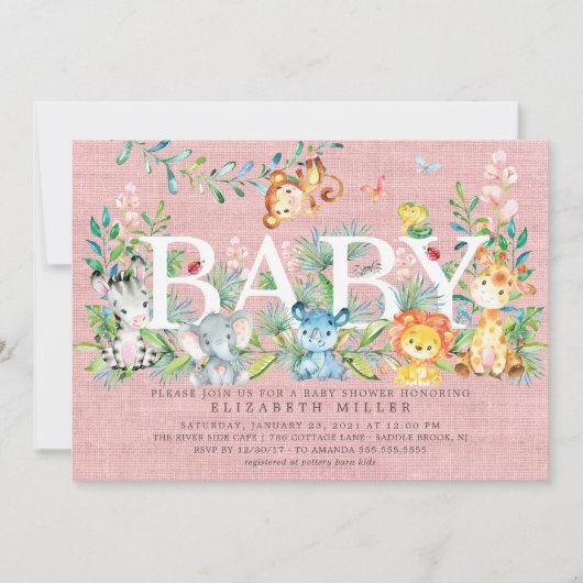 スイートジャングルアニマルガールズベビーシャワー招待状 招待状 (正面)