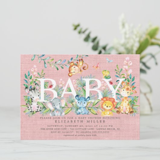 スイートジャングルアニマルガールズベビーシャワー招待状 招待状 (スタンド正面)