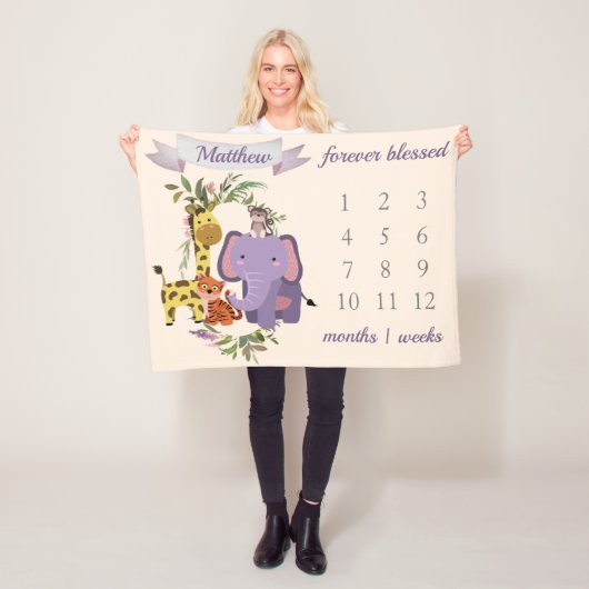 スイートジャングルサファリアニマルズ男の赤ちゃんマイルストーン フリースブランケット (インサイチュ)