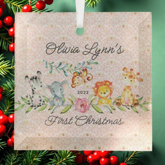 スイートジャングルフォトベビーの初めてのクリスマス ガラスオーナメント