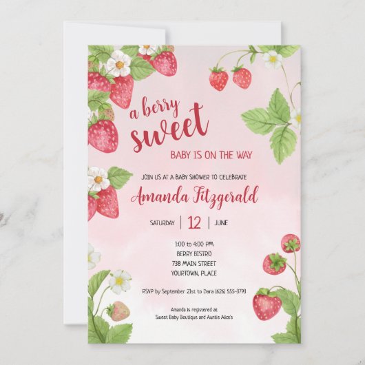 スイートストロベリーウォーター色ベビーシャワー 招待状 (正面)