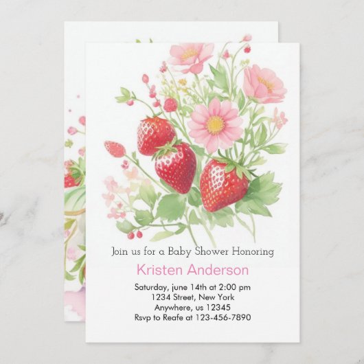スイートストロベリーガールベビーシャワー 招待状 (正面/裏面)