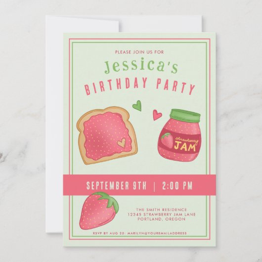 スイートストロベリートーストとジャム誕生日パーティー 招待状 (正面)