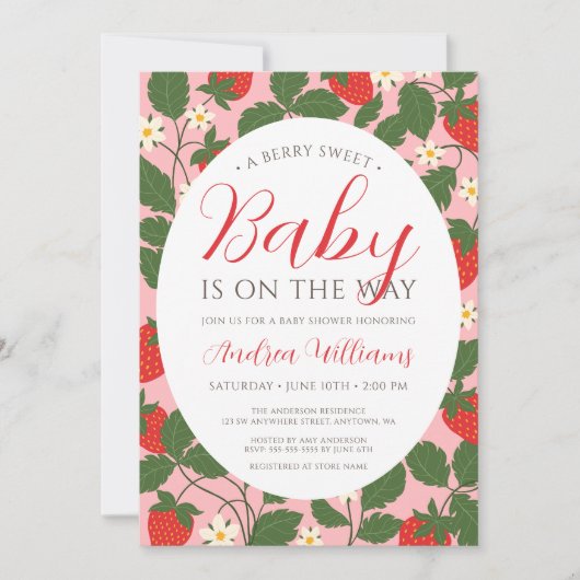 スイートストロベリーフローラつる植物ピンクガールベビーシャワー 招待状 (正面)