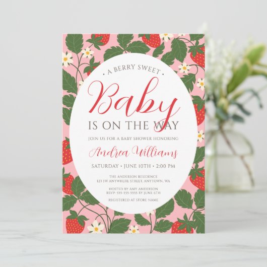 スイートストロベリーフローラつる植物ピンクガールベビーシャワー 招待状 (スタンド正面)